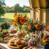 Autumnal dessert buffet table, event food catering for wedding, party and holiday celebration, cakes, sweets and desserts in autumn garden, generative ai photo