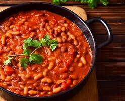 Beans in tomato sauce, country food and easy recipe idea for menu, food blog and cookbook, generative ai photo