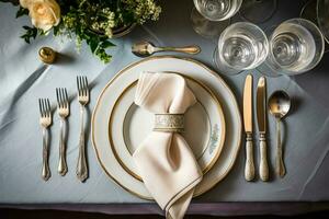 Elegant dinner table setting arrangement in English country style as flatlay tablescape, folded napkin on a serving plate, tableware and holiday table decor, generative ai photo