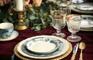 Formal holiday tablescape with blue decor, dinner table setting, table scape with elegant tableware and dinnerware for wedding party and event, generative ai photo