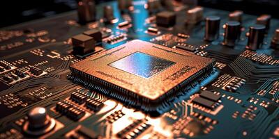 . . PC computer micro chip processor motherboard background. Digital data future background science vibe. Graphic Art photo