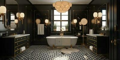 AI Generated. AI Generative. Luxury elegance hotel appartment house bathroon architecture design bathhub marble decor style room. Graphic Art photo