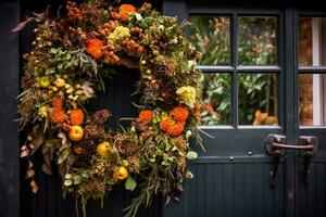 otoño guirnalda decoración en un clásico puerta entrada, acogedor otoño fiesta temporada con otoñal decoraciones, generativo ai foto