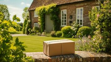 postal servicio, hogar entrega y en línea compras, paquete o empaquetar caja en un casa peldaño en el campo, generativo ai foto