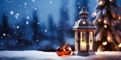 Vintage Christmas lantern on snow as magic night winter holiday background, Merry Christmas and Happy Holidays wishes, generative ai photo