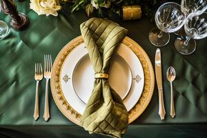 Elegant dinner table setting arrangement in English country style as flatlay tablescape, folded napkin on a serving plate, tableware and holiday table decor, generative ai photo