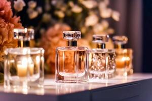 Luxury perfume bottles on display at a presentation, women fragrance scent new exclusive collection, post-processed, generative ai photo