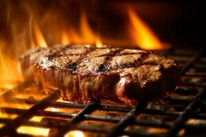 Meat beef steak grilled on fire, food bbq and hot grill, generative ai photo