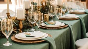 Sage green holiday tablescape, formal dinner table setting, table scape with decoration for wedding party and event celebration, photo