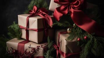 clásico Navidad regalos y fiesta regalos, envuelto regalo cajas debajo Navidad árbol, boxeo día y Días festivos compras, generativo ai foto