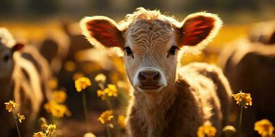 AI Generated. AI Generative. Beautiful young tittle calf on sunflower field at sunset. Nature landscape farm cow animal vibe. Graphic Art photo