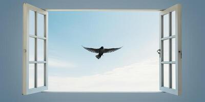 . . Wild open window with flying bird. Free freedom nature go away life vibe. Graphic Art photo