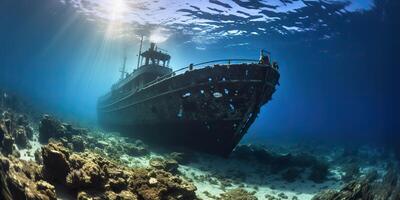 . . Under water sea ocean scuba difing adventures. Underwater explore trip old histiry ship. Nautical marine deep bluew vibe.Graphic Art photo