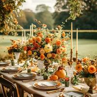 Autumn table scape, autumnal dinner table setting, holiday tablescape for wedding, birthday or party event celebration, generative ai photo