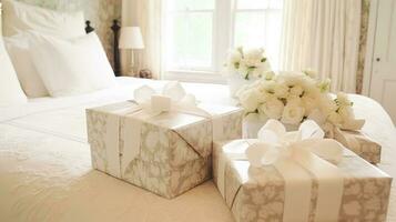 Wedding gifts and flowers in an elegant white bedroom, generative ai photo