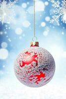 Christmas bauble on a snowy winter background, Merry Christmas and Happy Holidays wishes, generative ai photo