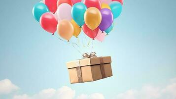 Postal service, shop delivery and online shopping, flying balloons carrying a parcel box, generative ai photo