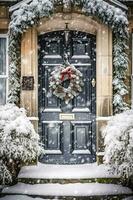 Christmas holiday, country cottage and snowing winter, wreath decoration on a door, Merry Christmas and Happy Holidays wishes, generative ai photo