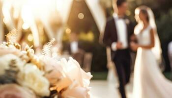 Wedding ceremony and celebration, bride and groom at a beautiful outdoor venue on a sunny day, luxury wedding decor with flowers and bridal bouquet, generative ai photo