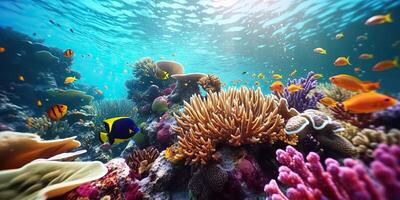 . . Underwater scuba dining scene background. Shell, starfish, coral, fish surface. Adventure vacation explore vibe. Graphic Art photo