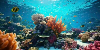 AI Generated. AI Generative. Underwater scuba dining scene background. Shell, starfish, coral, fish surface. Adventure vacation explore vibe. Graphic Art photo