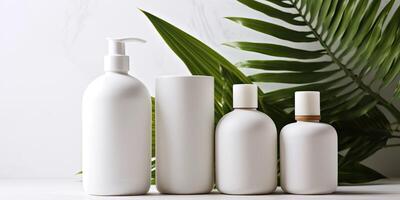 AI Generated. AI Generative. Beauty spa health care cosmetic spa bottles mockup with green eco leaf plant. Graphic Art photo