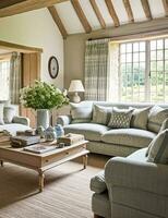 Country cottage lounge decor, sitting room and Cotswolds style interior design, living room furniture, sofa and home decor in elegant English country house style, generative ai photo