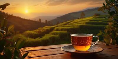 AI Generated. AI Generative. Cup of green tea with field green plantation mountain background scene. Graphic Art photo