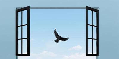 . . Wild open window with flying bird. Free freedom nature go away life vibe. Graphic Art photo