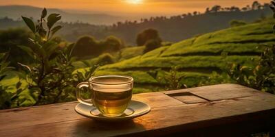 AI Generated. AI Generative. Cup of green tea with field green plantation mountain background scene. Graphic Art photo