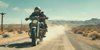 ai generado. ai generativo. Desierto arena la carretera montaña bicicleta motocicleta cruzar futurista. aventuras viaje la carretera moverse onda. gráfico Arte foto