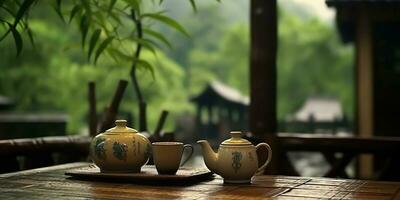 AI Generated. AI Generative. Chinese temple with tea set on bamboo. table. Asian traditional architecture decor design. Adventure meditaion vibe. Graphic Art photo