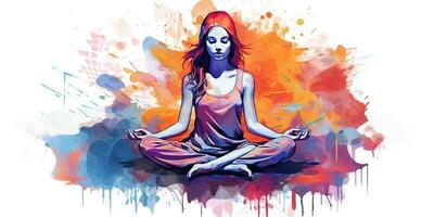 AI Generated. AI Generative. Watercolor draw ink illustration of yoga woman female meditation relaxation practice. Fit gym health lifestyle. Graphic Art photo