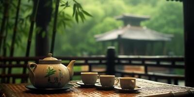 AI Generated. AI Generative. Chinese temple with tea set on bamboo. table. Asian traditional architecture decor design. Adventure meditaion vibe. Graphic Art photo