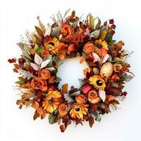 Autumn wreath as decoration on white door, welcoming autumn holiday season with autumnal decorations, generative ai photo