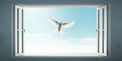 . . Wild open window with flying bird. Free freedom nature go away life vibe. Graphic Art photo