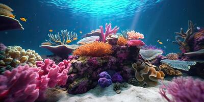 . . Underwater scuba dining scene background. Shell, starfish, coral, fish surface. Adventure vacation explore vibe. Graphic Art photo