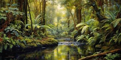 . . Nature outdoor wild landscape forest jungle river scene. Adventure travel explore vibe. Graphic Art photo