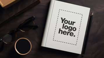 book cover mockup on dark desk with paper Design psd