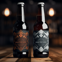 Two bottles of different sizes are on a wooden table . psd