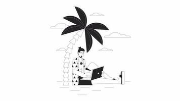 Tropical laptop lifestyle bw outline 2D animation. Guy with laptop 4K video motion graphic. Travel while working. Work life balance monochrome linear animated cartoon flat concept, white background