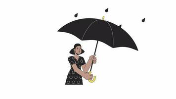 noir femme en portant parapluie dans pluie ligne 2d personnage animation. foncé pluvieux journée. avril douche plat Couleur dessin animé 4k vidéo, alpha canaliser. l'automne pluie fille Animé la personne sur blanc Contexte video