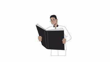 africain américain homme en portant livre ligne 2d personnage animation. Université en train de lire livre plat Couleur dessin animé 4k vidéo, alpha canaliser. lunettes gars dans collier chemise Animé la personne sur blanc Contexte video