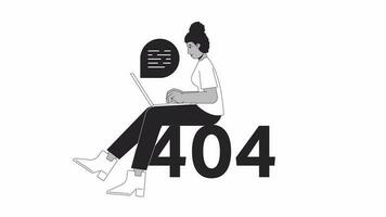 Programmer typing laptop black and white error 404 animation. It developer code error message gif, motion graphic. Black woman programming animated character linear 4K video isolated on white