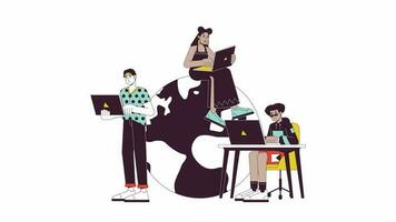 Remote work team line 2D animation. Internet global business 4K video motion graphic. Millennial digital people typing on laptops. Young hackers linear animated cartoon flat concept, white background