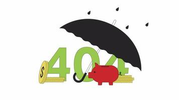 Savings piggy bank under umbrella 404 error animation. Piggybank security error message gif, motion graphic. Retire money protection animated cartoon line object 4K video isolated on white background