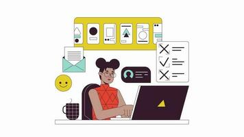 Remote worker communication line 2D animation. African american woman typing laptop office 4K video motion graphic. Freelancer black american linear animated cartoon flat concept, white background