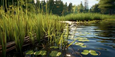 ai generado. ai generativo. foto ilustración de estanque juncia a lago mar río agua. planta flora florecer. gráfico Arte