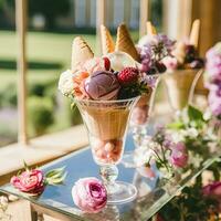 Ice cream desserts buffet table, event food catering for wedding, party and holiday celebration, ice creams and flowers decor in a floral countryside garden, generative ai photo