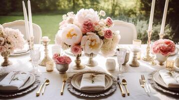 Wedding tablescape with peony bouquet, formal dinner table setting, table scape with decoration for wedding party and event celebration, photo